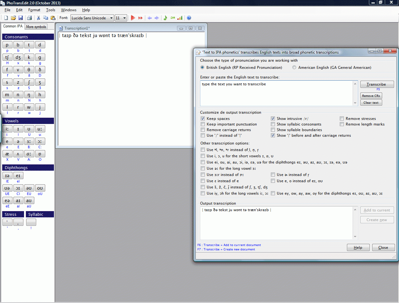 Скрин PhoTransEdit Desktop - бесплатной Windows программы для звуковой транскрипции английских слов.