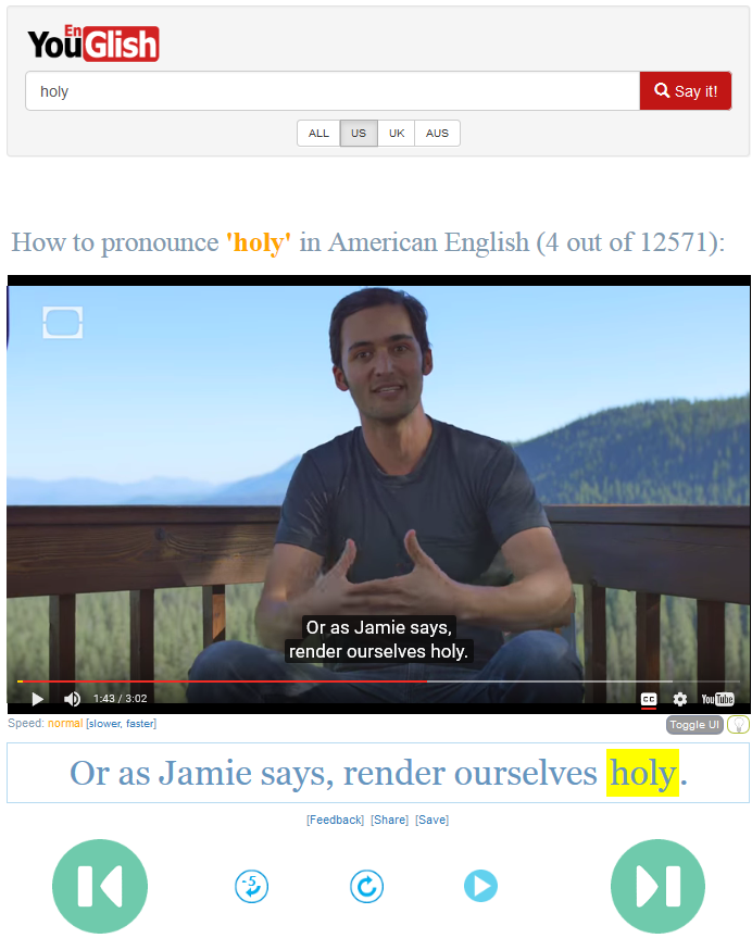 Скрин. YouGlish - произношение английских слов в контексте в YouTube-видео.