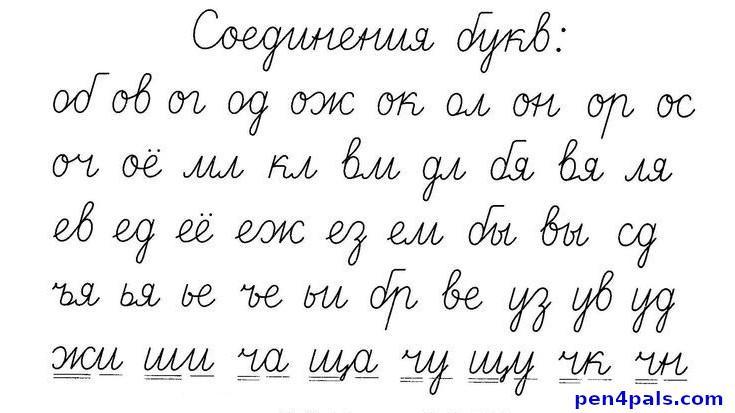Korrekt tilslutning af kursive bogstaver med russisk håndskrift