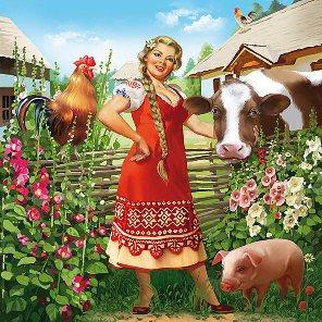 Picture of a Russian beauty in village with a cow.